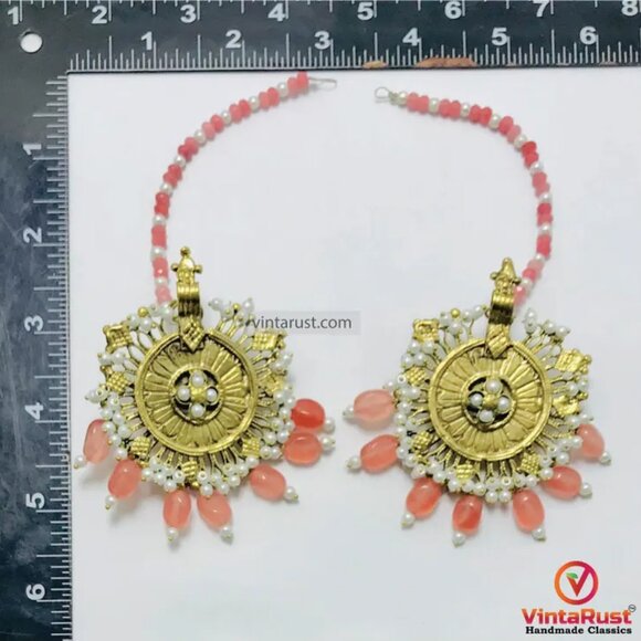 Handmade Golden Dangle Earrings: Pearl & Pink Bead Bohemian Jewelry - Picture 6 of 8